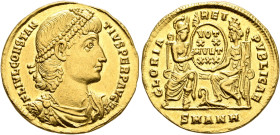Constantius II, 337-361. Solidus (Gold, 21 mm, 4.58 g, 12 h), Antiochia, 347-355. FL IVL CONSTAN-TIVS PERP AVG Pearl-diademed, draped and cuirassed bu...