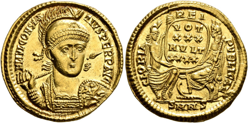 Constantius II, 337-361. Solidus (Gold, 21 mm, 4.46 g, 6 h), Nicomedia, 351-355....
