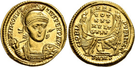 Constantius II, 337-361. Solidus (Gold, 21 mm, 4.46 g, 6 h), Nicomedia, 351-355. FL IVL CONSTAN-TIVS PERP AVG Helmeted, pearl-diademed and cuirassed b...