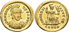 Honorius, 393-423. Solidus (Gold, 21 mm, 4.47 g, 6 h), Constantinopolis, 397-403. D N HONORI-VS P F AVG Pearl-diademed, helmeted and cuirassed bust of...
