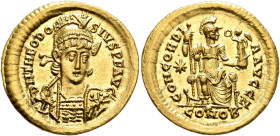 Theodosius II, 402-450. Solidus (Gold, 21 mm, 4.36 g, 12 h), Constantinopolis, 408-420. D N THEODO-SIVS P F AVG Pearl-diademed, helmeted and cuirassed...