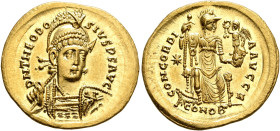Theodosius II, 402-450. Solidus (Gold, 22 mm, 4.48 g, 6 h), Constantinopolis, 408-420. D N THEODO-SIVS P F AVG Pearl-diademed, helmeted and cuirassed ...