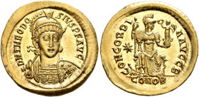 Theodosius II, 402-450. Solidus (Gold, 21 mm, 4.49 g, 6 h), Constantinopolis, 408-420. D N THEODO-SIVS P F AVG Pearl-diademed, helmeted and cuirassed ...