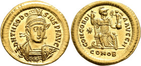 Theodosius II, 402-450. Solidus (Gold, 21 mm, 4.42 g, 6 h), Constantinopolis, 408-420. D N THEODO-SIVS P F AVG Pearl-diademed, helmeted and cuirassed ...