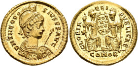 Theodosius II, 402-450. Solidus (Gold, 21 mm, 4.48 g, 6 h), Constantinopolis, 415. D N THEODO-SIVS P F AVG Pearl-diademed, helmeted and cuirassed bust...