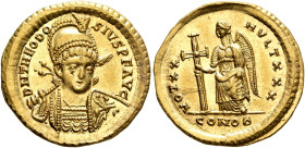 Theodosius II, 402-450. Solidus (Gold, 21 mm, 4.49 g, 6 h), Constantinopolis, 420-422. D N THEODO-SIVS P F AVG Pearl-diademed, helmeted and cuirassed ...