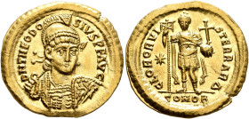 Theodosius II, 402-450. Solidus (Gold, 22 mm, 4.49 g, 6 h), Constantinopolis, 425-430. D N THEODO-SIVS P F AVG Pearl-diademed, helmeted and cuirassed ...