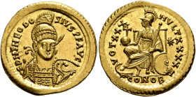 Theodosius II, 402-450. Solidus (Gold, 21 mm, 4.48 g, 6 h), Constantinopolis, 430-440. D N THEODO-SIVS P F AVG Helmeted and cuirassed bust of Theodosi...