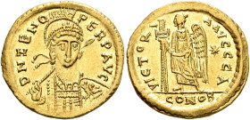 Zeno, second reign, 476-491. Solidus (Gold, 20 mm, 4.43 g, 6 h), Constantinopolis. D N ZENO PERP AVG Pearl-diademed, helmeted and cuirassed bust of Ze...