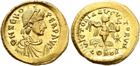 Zeno, second reign, 476-491. Tremissis (Gold, 14 mm, 1.48 g, 6 h), Constantinopolis. D N ZENO PERP AVG Diademed, draped and cuirassed bust of Zeno to ...