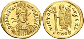 Anastasius I, 491-518. Solidus (Gold, 19 mm, 4.49 g, 6 h), Constantinopolis, circa 491-492. D N ANASTAS-IVS PERP AVG Pearl-diademed, helmeted and cuir...