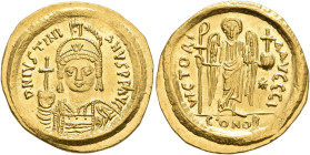 Justinian I, 527-565. Solidus (Gold, 22 mm, 4.49 g, 6 h), Constantinopolis, 542-565. D N IVSTINI-ANVS P P AVG Pearl-diademed, helmeted and cuirassed b...