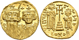 Constans II, with Constantine IV, Heraclius, and Tiberius, 641-668. Solidus (Gold, 19 mm, 4.39 g, 7 h), Constantinopolis, circa 659-661. Facing busts ...