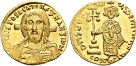 Justinian II, first reign, 685-695. Solidus (Gold, 19 mm, 4.45 g, 7 h), Constantinopolis, 692-695. IҺS CRISTOS RЄX RЄSNANTIЧM Draped facing bust of Ch...