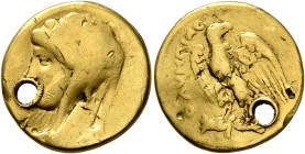 MACEDON. Koinon of Macedon. Pseudo-autonomous issue. Time of Elagabalus to Severus Alexander, 218-235. 'Aureus' (Gold, 20 mm, 7.13 g, 12 h). Veiled an...
