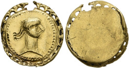 UNCERTAIN GERMANIC TRIBES, Aurum Barbarorum. Late 3rd-early 4th centuries. 'Quinarius' (Gold, 15 mm, 2.03 g). Male imperial head to right, with three ...