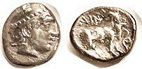 AINOS Diobol, 5th cent BC, Hermes hd r/Goat stg r, vine tendril at rt, as S1567 ...