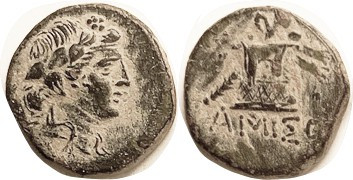 AMISOS, Æ20, c. 100 BC, Dionysos head r/Cista mystica, S3640; AEF/AVF, smooth da...