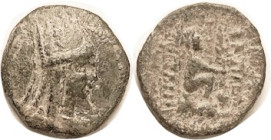ARMENIA, Tigranes II, 96-56 BC, Æ21, Bust in high tiara r/Tyche std r; S7208; F-VF, well centered, glossy dark green patina with sl roughness, earthen...
