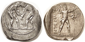 ASPENDOS, Stater, 370-333 BC, 2 Wrestlers, M-Lambda betw/Slinger rt, triskeles in field, S5396; VF-EF, sl off-ctr but devices complete, good strike fo...
