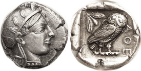 ATHENS, Tet, c. 455 BC, Transitional Style, Athena head r/owl stg r, S2521; Starr Group V (distinguished by owl head tilted rt); Choice EF, nrly cente...