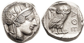 ATHENS, Tet, 449-413 BC, Athena head r/Owl stg r, S2526, Superb EF+, virtually mint state, perfectly centered & beautifully struck with Athena's hair ...