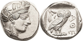 ATHENS, Tet, 449-413 BC, Athena head r/owl stg r, S2526; Choice EF, virtually as made, obv centered somewhat left, very deeply struck in high relief; ...