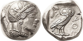 ATHENS, Tet, 449-413 BC, Athena head r/owl stg r, S2526; EF, well centered on sl unround flan, couple edge splits, good metal; boldly struck with agai...