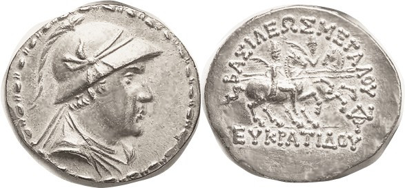 BAKTRIA, Eukratides I, 171-135 BC, Tet, Helmeted bust r/Dioscuri on horses, mono...