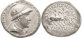 BAKTRIA, Eukratides I, 171-135 BC, Tet, Helmeted bust r/Dioscuri on horses, monogram at lower rt, Bop.6E; Choice EF, well centered & struck, superb po...