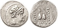 BAKTRIA Eukratides I, 171-135 BC, Obol, Diademed hd r/caps of the Dioscuri, scar...