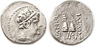 BAKTRIA Eukratides I, 171-135 BC, Obol, Diademed hd r/caps of the Dioscuri, scarcer monogram K below, Bop 3C; AEF/VF, a little off-ctr, bright, with v...