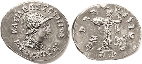 BAKTRIA, Menander, 160-145 BC, Tet, Helmeted bust r/Athena stg l, Pushkalavati m...