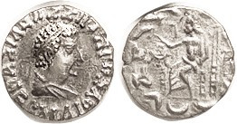 BAKTRIA, Hermaios, 40-1BC, Drachm, bust r/Zeus std l, monogram at left, Bop 3G; ...