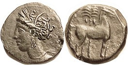 CARTHAGE, Æ15, 3rd cent BC, Tanit head l./Horse stg r, palm tree behind; AEF/VF,...