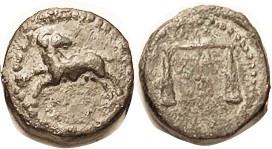 EGYPT, PHARAOH NEKTANEBO II, 361-343 BC, Æ16, Leaping ram/scales; VF, dark green...