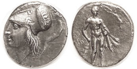 HERAKLEIA, Didrachm, 281-268 BC, Athena head l./ Naked Herakles stg r with club, crowned by Nike flying above, PHILO, HN Italy 1429; AEF, obv sl off-c...