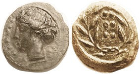 HIMERA, Æ17, 420-408 BC, Hemilitron, Nymph head l, 6 pellets/6 pellets in wreath...