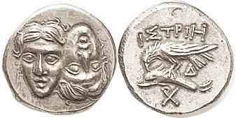 ISTROS, Stater, 2 Facg heads, right inverted/eagle on dolphin, COPY, struck in s...
