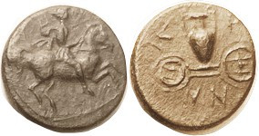 KRANNON, Æ17, 400-344 BC, Horseman r/Hydria on 2-wheel cart, S2073; VF, rev sl o...