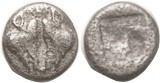 LESBOS, 1/12 Stater or Diobol, 1.15 gram, c.500-450 BC, 2 boar hds face-to-face, LEC above/incuse square, F-VF, centered, ltly toned, clear. A nice li...