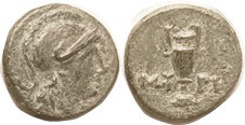 MYRINA, Æ13, c.4th cent BC, Athena head r/Amphora, MY-PI; VF, well centered, aqua-green patina, nice strong features.