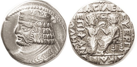 PARTHIA, Vardanes II, Tet, Rev Tyche giving wreath to std King, Sellw Type 69, Y...