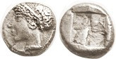 PHOKAIA, Diobol, c.521-478 BC, Archaic female head l./ incuse square; VF+, well centered, only sl crowded at obv top, decent metal, nice detailed arch...