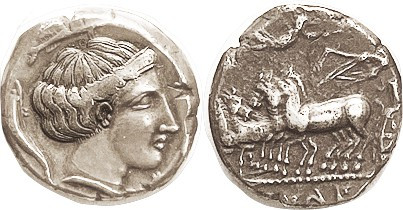 SICULO-PUNIC, Tet, 405-380 BC, Female head r/dolphins around/Quadriga l, Nike ab...