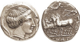 SICULO-PUNIC, Tet, 405-380 BC, Female head r/dolphins around/Quadriga l, Nike above, Punic lgnd below, S885; Nice AVF, centered on a tight, sl ragged ...