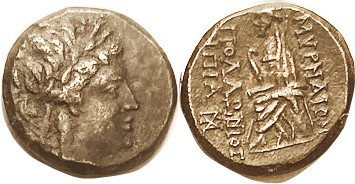 SMYRNA, Æ21, c. 105-95 BC, Apollo head r/ Homer std l, magistrate Apollonios; VF...