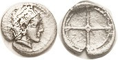 SYRACUSE, Ar Obol, Hieron, c. 475-470 BC, Arethusa head r/4-spoke wheel; AVF/VF, well centered, bright silver with only faint granularity, sm edge spl...