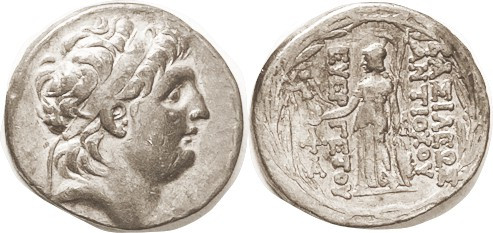 SYRIA, Antiochos VII, 138-129 BC, Tet, His head r/ Athena stg l, wreath around; ...