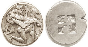 THASOS, Stater, 463-411 BC, Naked ithyphallic Satyr & struggling nymph/4-part sq...